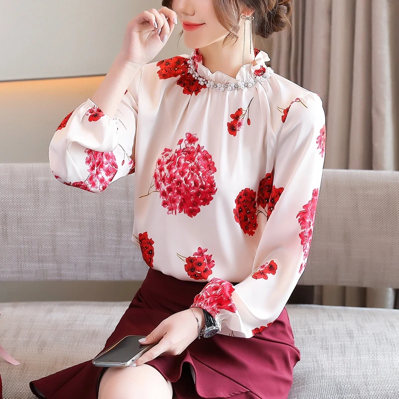 

Шифоновая Блузка Chikichi с воротником-стойкой и бисером, осень 2021, новый стиль, принтованная рубашка, женские модные милые топы с длинным рукавом