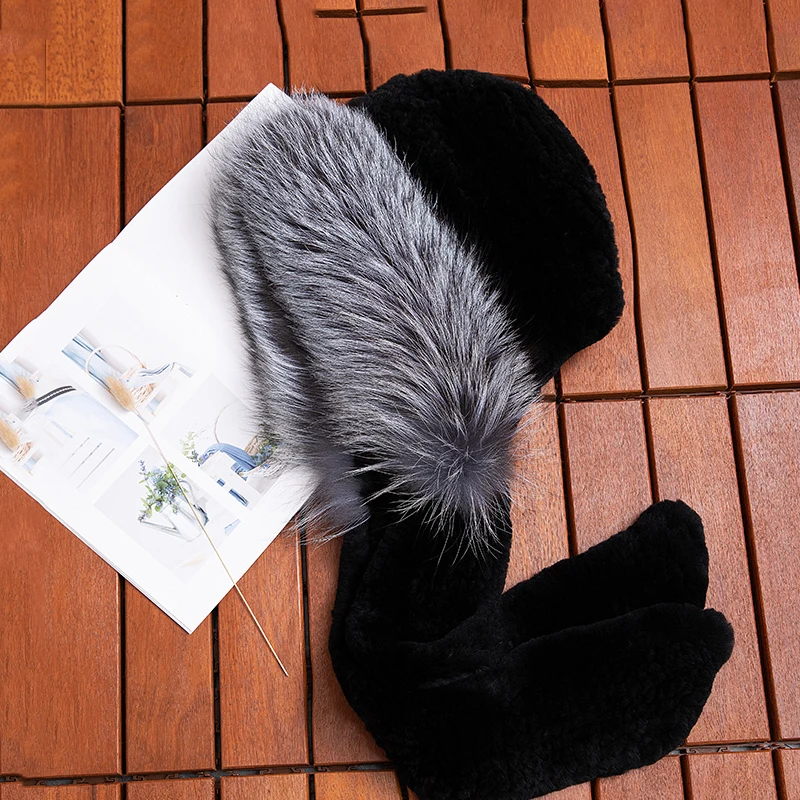 ZDFURS* новые женские шарфы из кроличьего меха с серебристой лисой, меховые полоски, зимняя теплая меховая шапка, шарф, мода для девочек, русский Снег - Цвет: black