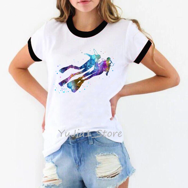 Женская летняя одежда 2021 футболка с акварельным принтом для подводного плавания