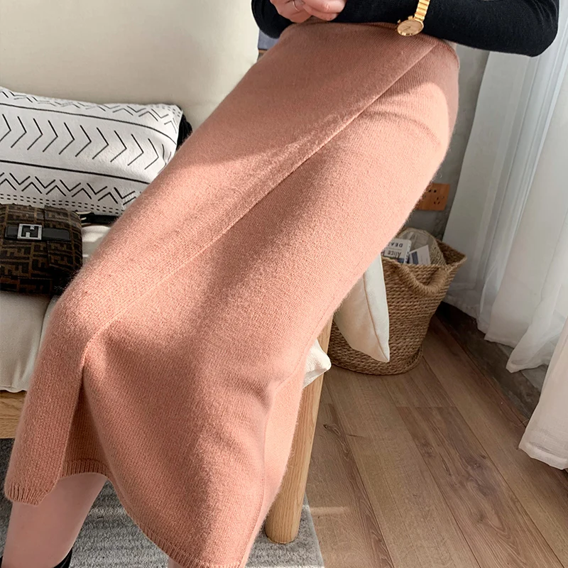 CBF 2020 Latest style Women's Knitted Pure wool Skirt Checker color Fork opening Soft and high quality Tight fitting skirt | Женская
