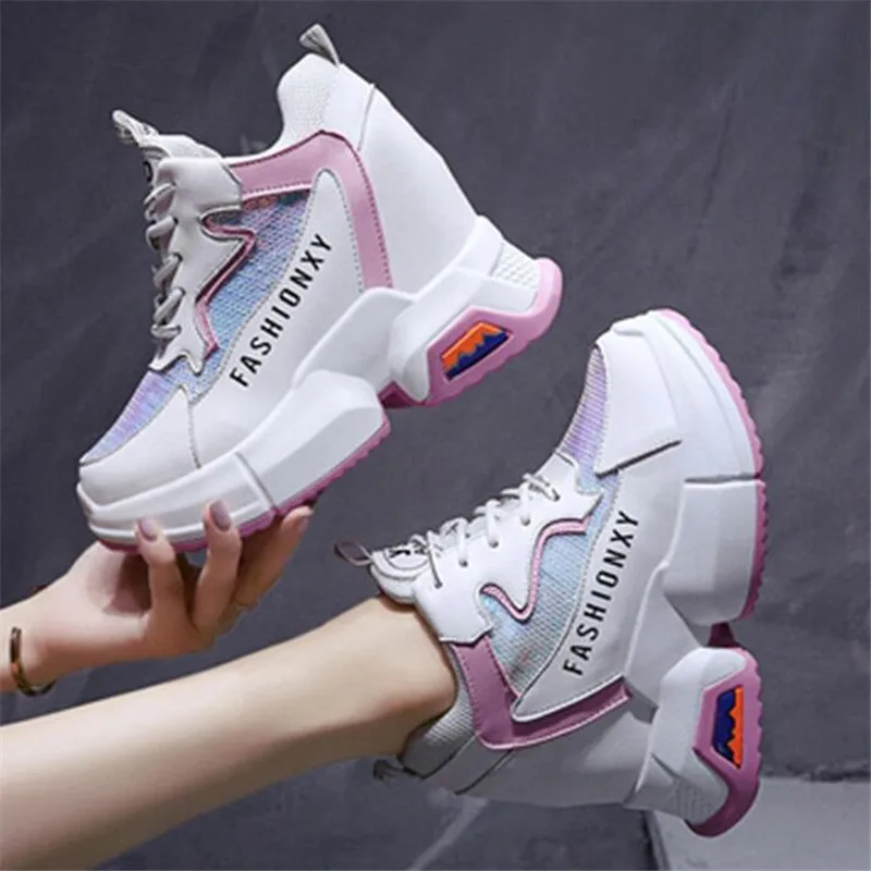 Женские Повседневные Дышащие туфли на высоком каблуке 10 см увеличивающие рост