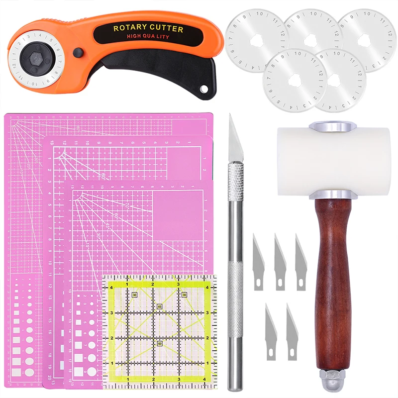 

LMDZ Leather Craft Set 45mm Rotating Props Cutting Board with 5 Blades Carving Knife Acrylic Ruler and T-shaped Nylon Hammer