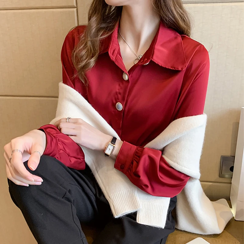 Женская атласная блузка элегантная Осенняя рубашка белого цвета с имитацией