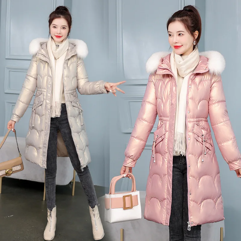Winter Coats for Women 2023 Big Fur Collar Cotton Parkas New Shiny Fabic Midum-length Hooded Padded Jacket Fashion Women Outfit