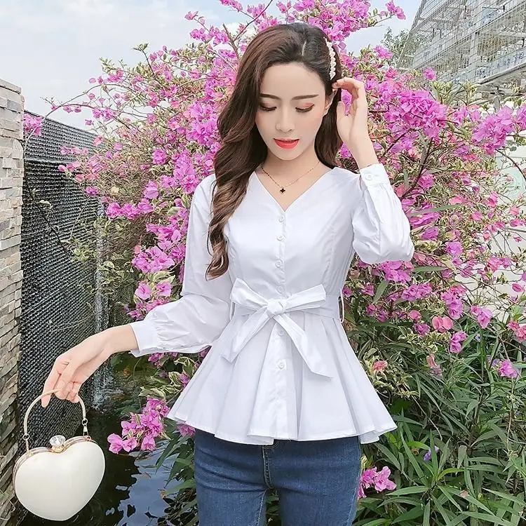 

Spring and autumn women's new niche design V-neck bow waist slim fashion shirt skirt fashionable and elegant