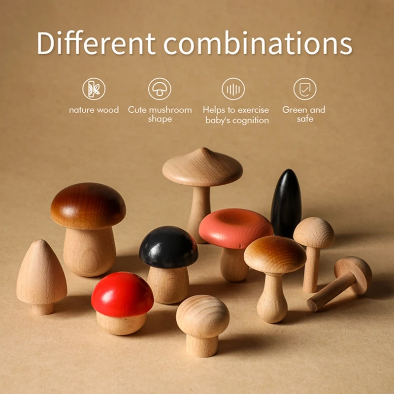 Juego de bloques de apilamiento de setas de madera para ni&ntilde;os, juguete Montessori de ensamblaje educativo temprano, juguete de agarre a juego-3