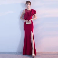 women red ruffle o neck sleeveless side split elegant evening party long dress nightclub wear sexy dresses for special occasions