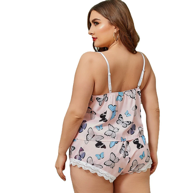 

2021 New Plus Size 5XL Ladies Pajama Set Cute Print Sleepwear Silk V Neck Pijama Satin Night Home Suits Wear Sleeveless