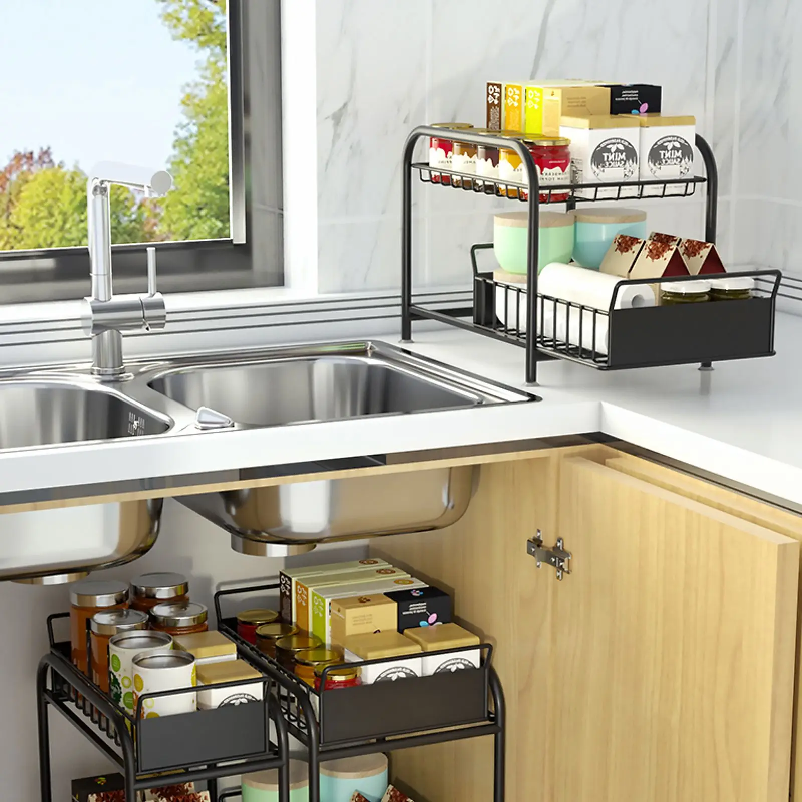 

Kitchen Under Sink Organizer Storage Under Sink Cabinet Storage Rack Countertop Telescopic Sliding Storage Rack Drawer Cabinet