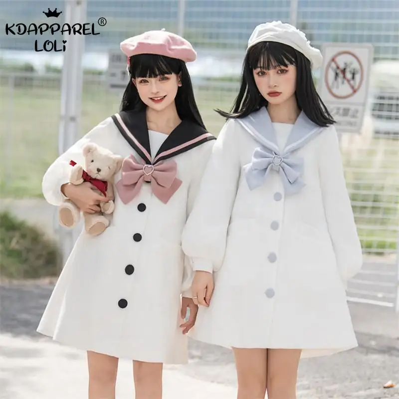 

Sweet Women Coat Mid-Length Woolen Cloth Navy Collar Embroidery Bear Students Jacket Teenager Girls Trench Autumn Spring Cloak