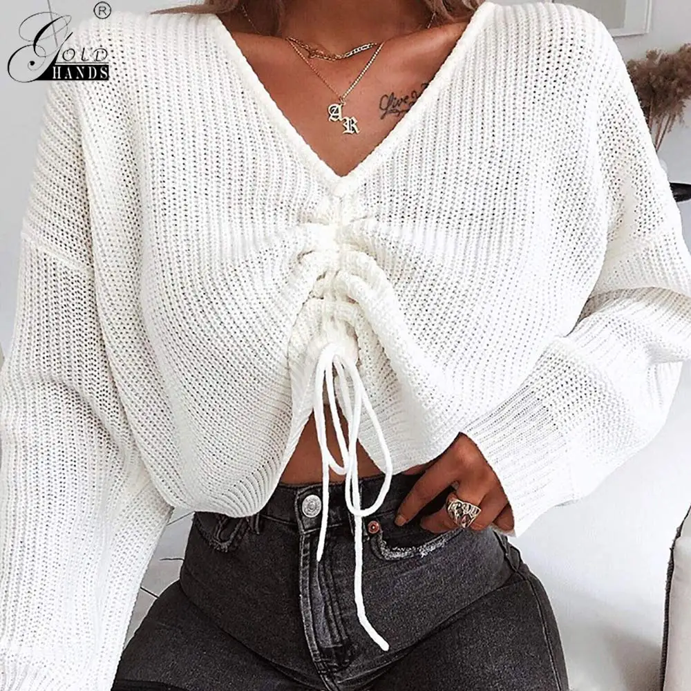 Gold Hands 2019 Sexy Fold Drawstring Solid Sweaters for Women Autumn Loose Knitted Outwear Casual V Neck Sweater Pullovers | Женская