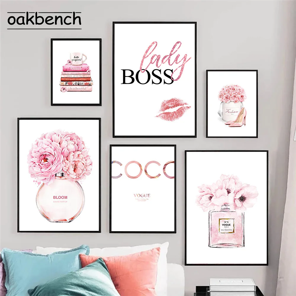 

Pink Flower Wall Art Poster Perfume Bottle Prints Fashion Woman Canvas Painting Modern Vogue Pictures For Girl Room Decoration