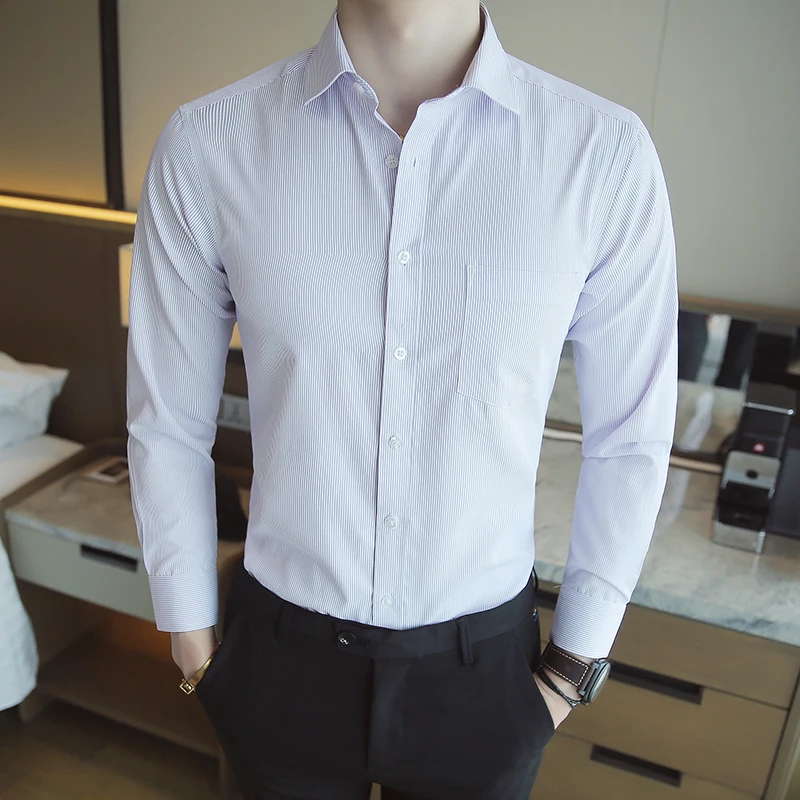 

2021 new men's business long-sleeved striped shirt men formal wear professional slim cotton high-quality brand work white shirt
