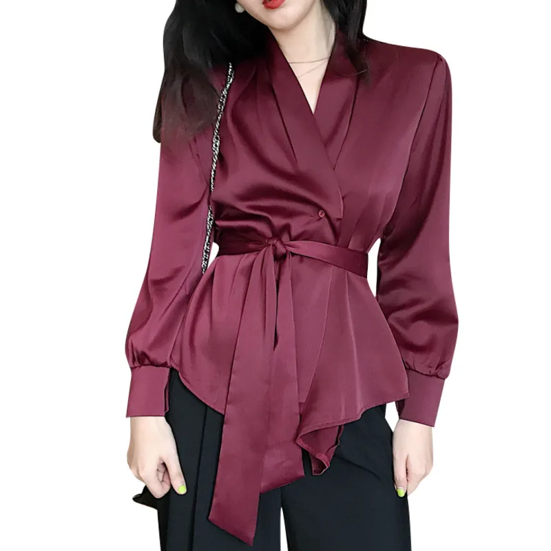 Kywommnz Women Fashion Shirt Lace Silk V-neck Long Sleeves Loose Blouses Female Top Spring Autumn 2021 E710