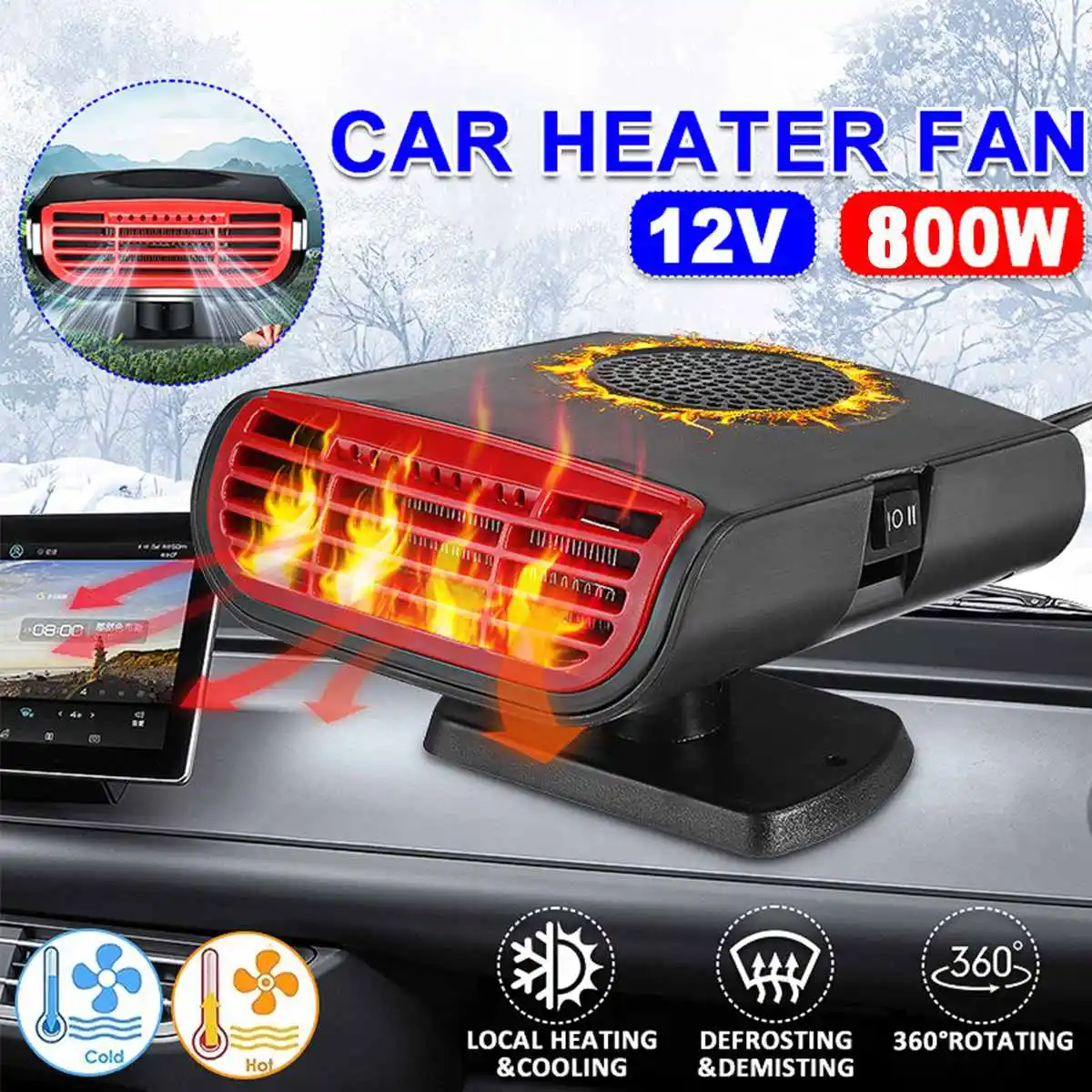 800W 12V Car Heater Heating Cooling Fan Air Purification Portable Dryer Windshield Demister Defroster with Aroma Function