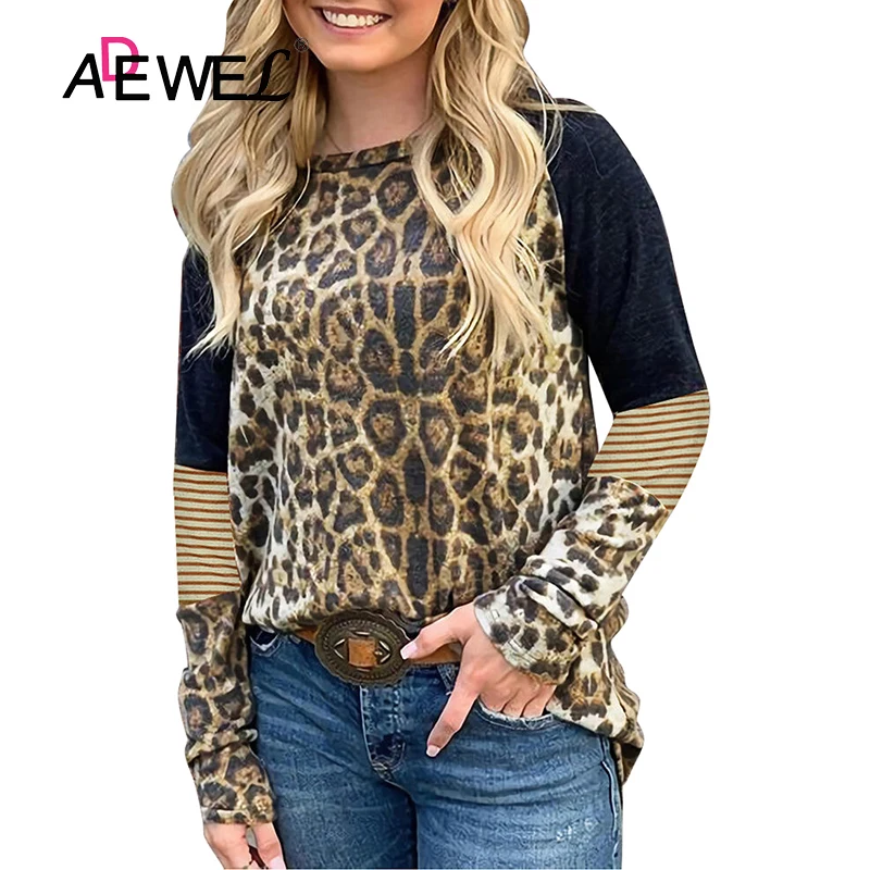 

ADEWEL Leopard Striped Splicing Long Sleeve Plus Size Tee Autumn And Winter Woman Tshirts Mulher Camisetas Oversized Tops 2XL