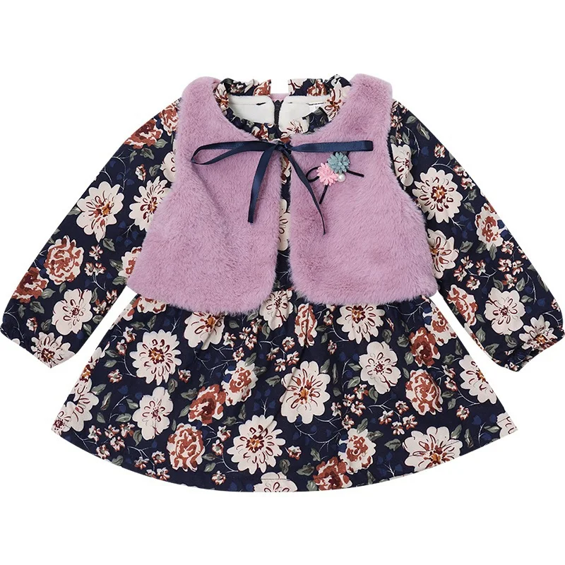 2 шт. клетчатое ТРАПЕЦИЕВИДНОЕ ПЛАТЬЕ с цветочным принтом и оборками + меховой