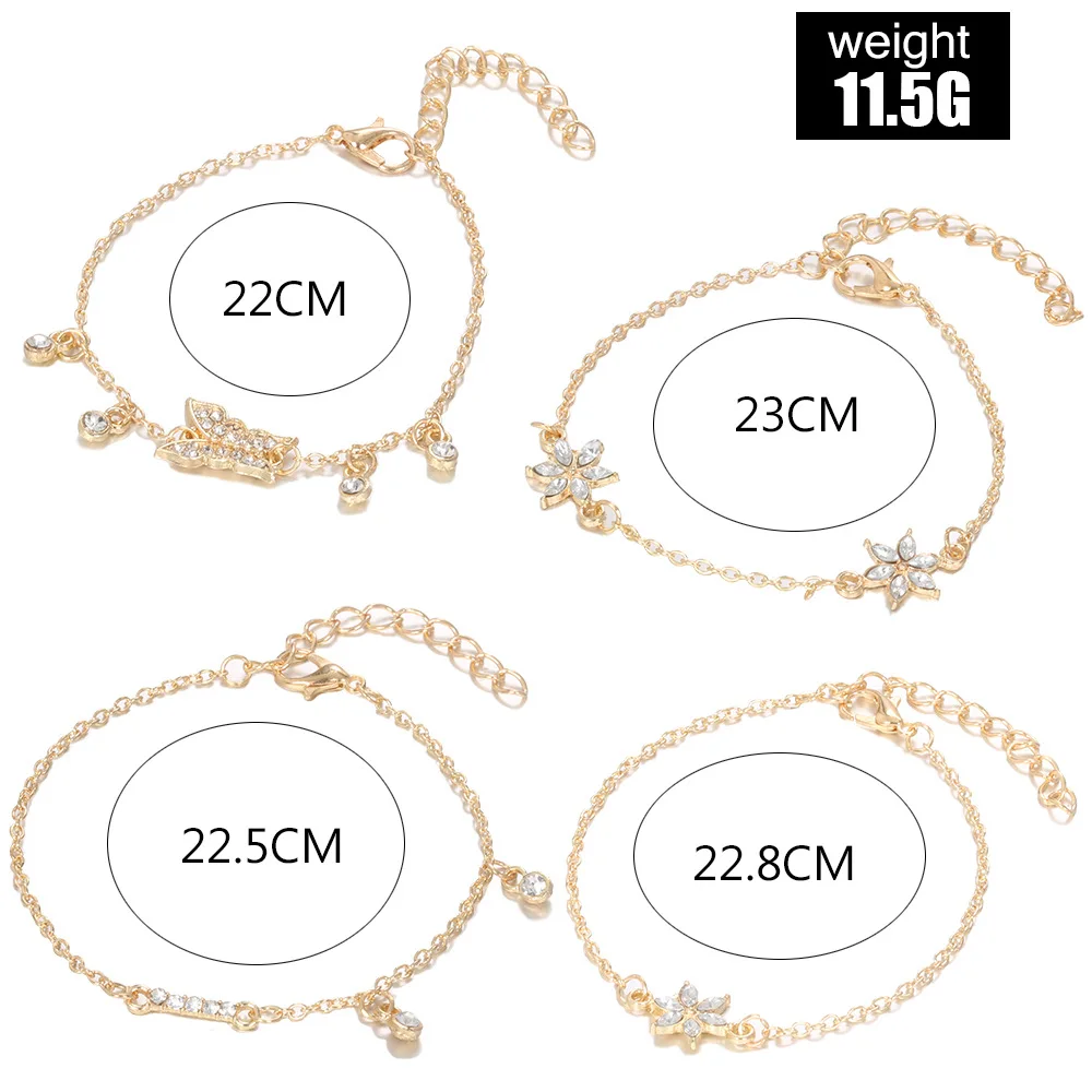DIEZI 4pc/set Vintage Crystal Gold Chain Bracelet Sets Bracelets For Women Bohemian Statement Butterfly Flower Jewelry | Украшения и