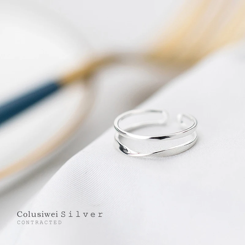 

COLUSIWEI Genuine 925 Sterling Silver Double Layer Geometric Rings for Women Open Adjustable Silver Rings Korean Jewelry Gift