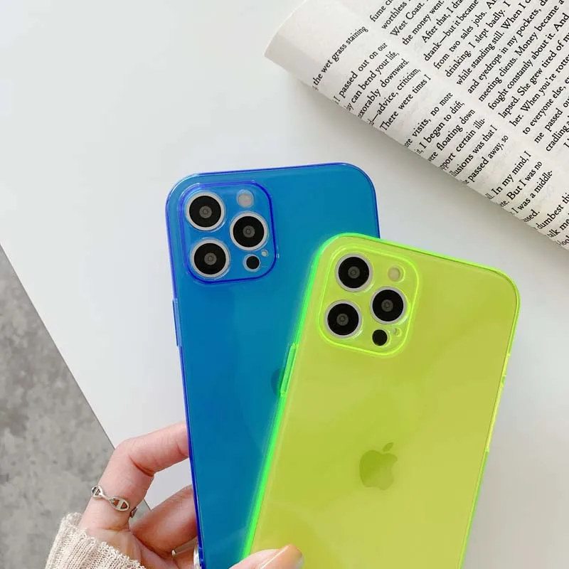 

New Neon Transparent Phone Case For iPhone 11 11Pro Max XR XS Max X 7 8 Plus 11Pro 12 Pro Fluorescent Color Soft Fully Cover