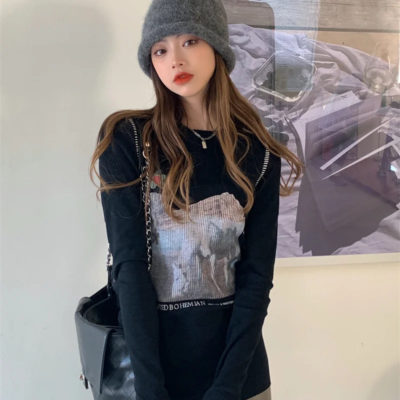 Korejepo Printed Long Sleeve T-shirt Women Spring and Antumn 2022 New Versatile Thin Loose Bottomed Korean Chic Fashion Tops | Женская