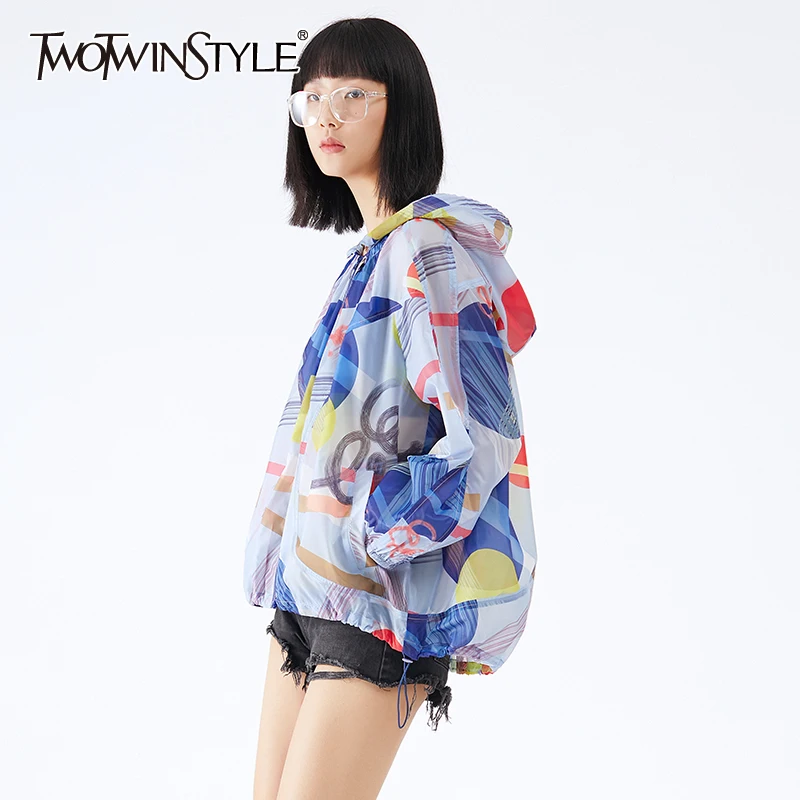 

TWOTWINSTYLE Print Casual Jacket For Women V Neck Puff Long Sleeve Pockets Hit Color Loose Jackets Females Summer 2021 New Style