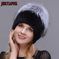 jeryafur real sliver fox fur hat female natural mink fur winter hats for women rose rhinestones patchwork mix color beanies
