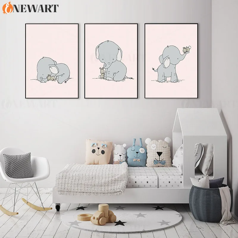 Кавайный настенный постер с розовыми принтами слон и картина кроликом украшение