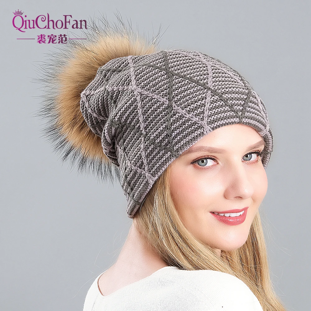 Шапка бини с помпоном из натурального меха енота зимняя шапка Женская Вязаная