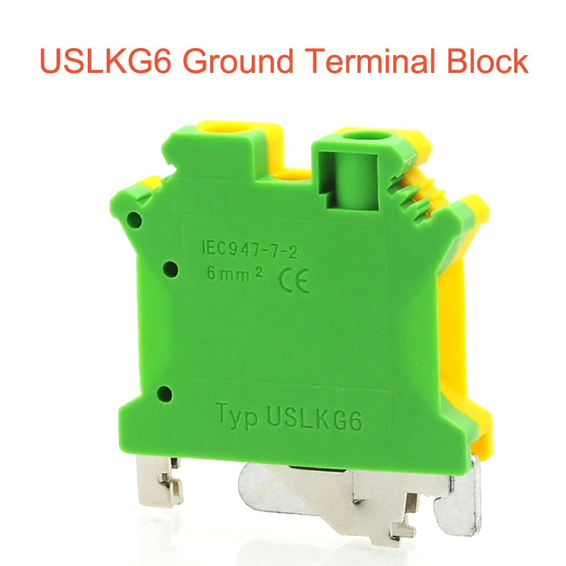 

2Pcs USLKG6 Ground Terminal Blocks DIN Rail Screw Morsettiera UK-6N Yellow Green Earthing Bornier Connector 10AWG 6mm²