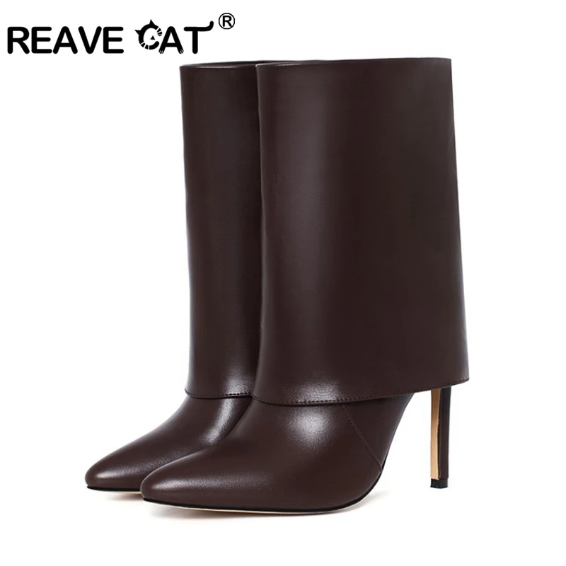 

REAVE CAT Women Mid-Calf Boots Sexy Solid Folds Boots Pointed Toe Thin Heels Stiletto Party Shoes High quality Female boats Cool