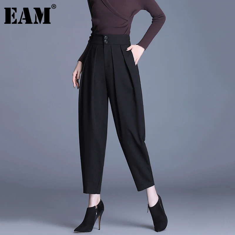 

[EAM] High Elastic Waist Black Pleated Long Harem Trousers New Loose Fit Pants Women Fashion Tide Spring Autumn 2021 1DD0464