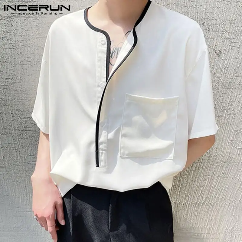 

INCERUN Summer Men Casual Shirt O Neck Patchwork Short Sleeve Streetwear Men Clothing Breathable 2021 Pockets Leisure Camisas