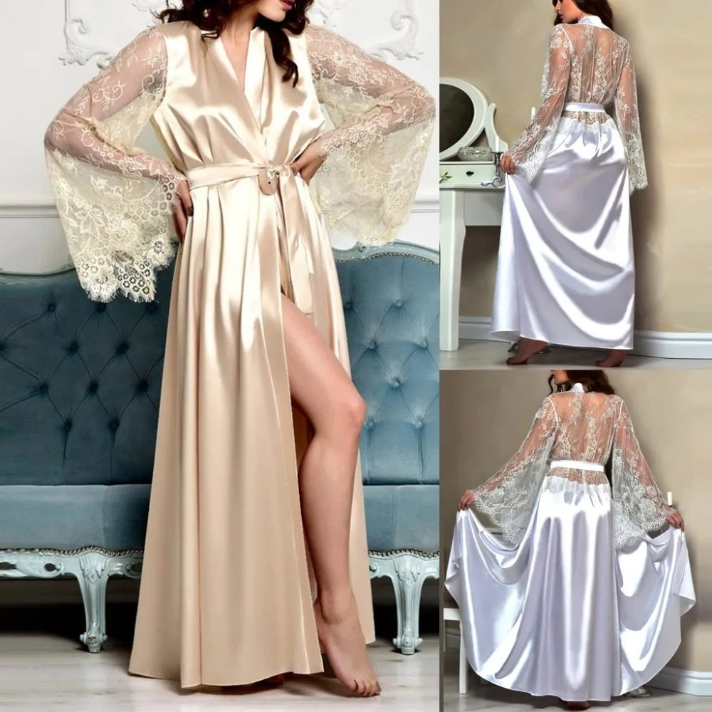 Сексуальные кружевные женские халаты, пижамы peignoir femme шелковые, атласные, с кружевами нижнее белье пижамы кимоно длинный халат подружки невесты Gow халат атласный