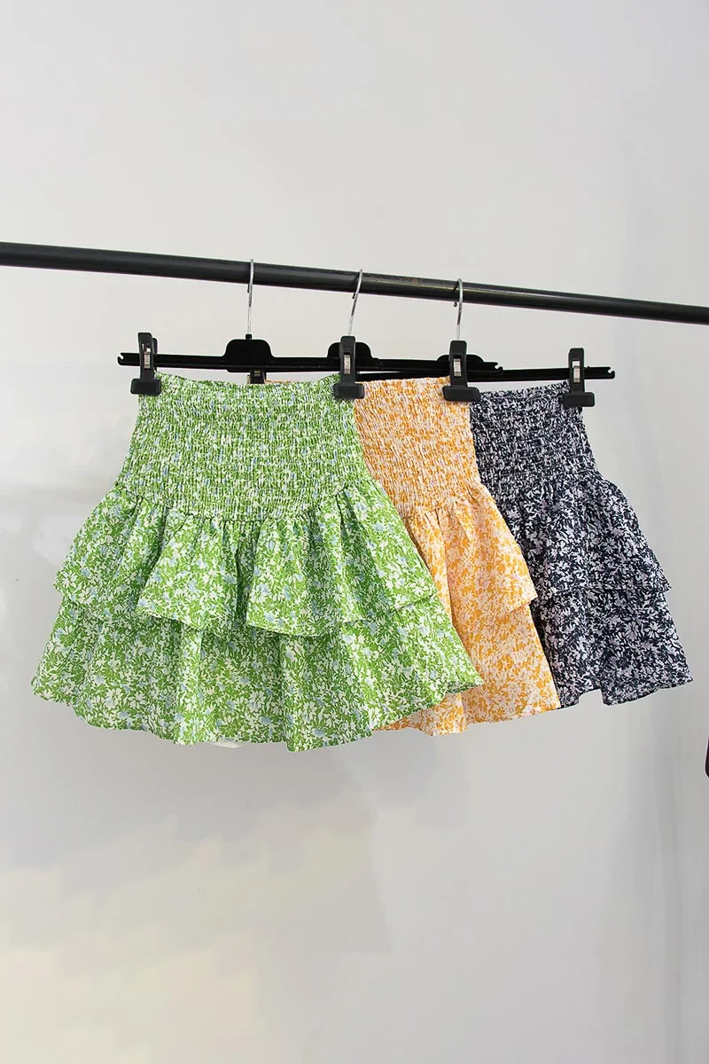 

Fresh Floral Elastic Waist Mini Bubble Skirt Women Beach Vacation Style Printed Ruffled A- Line Rushed Skirt Summer 2021 Fashion