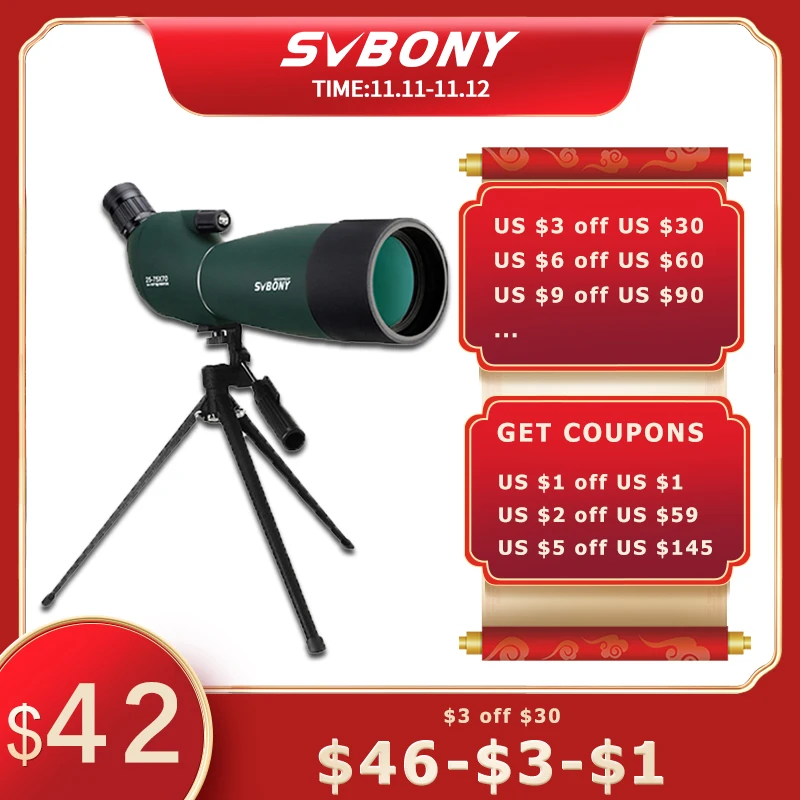 

SVBONY SV28 telescope 25-75x70 Spotting Scope monocular Powerful Binoculars Bak4 Prism FMC Lens Waterproof w/ Tripod for Hunting