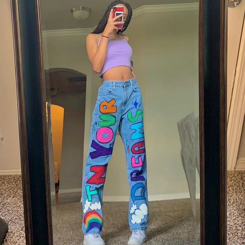 

Personality Letters Childlike Print Jeans High Waist Straight Pants Street Fashion Students Vintage Hip-hop Trousers