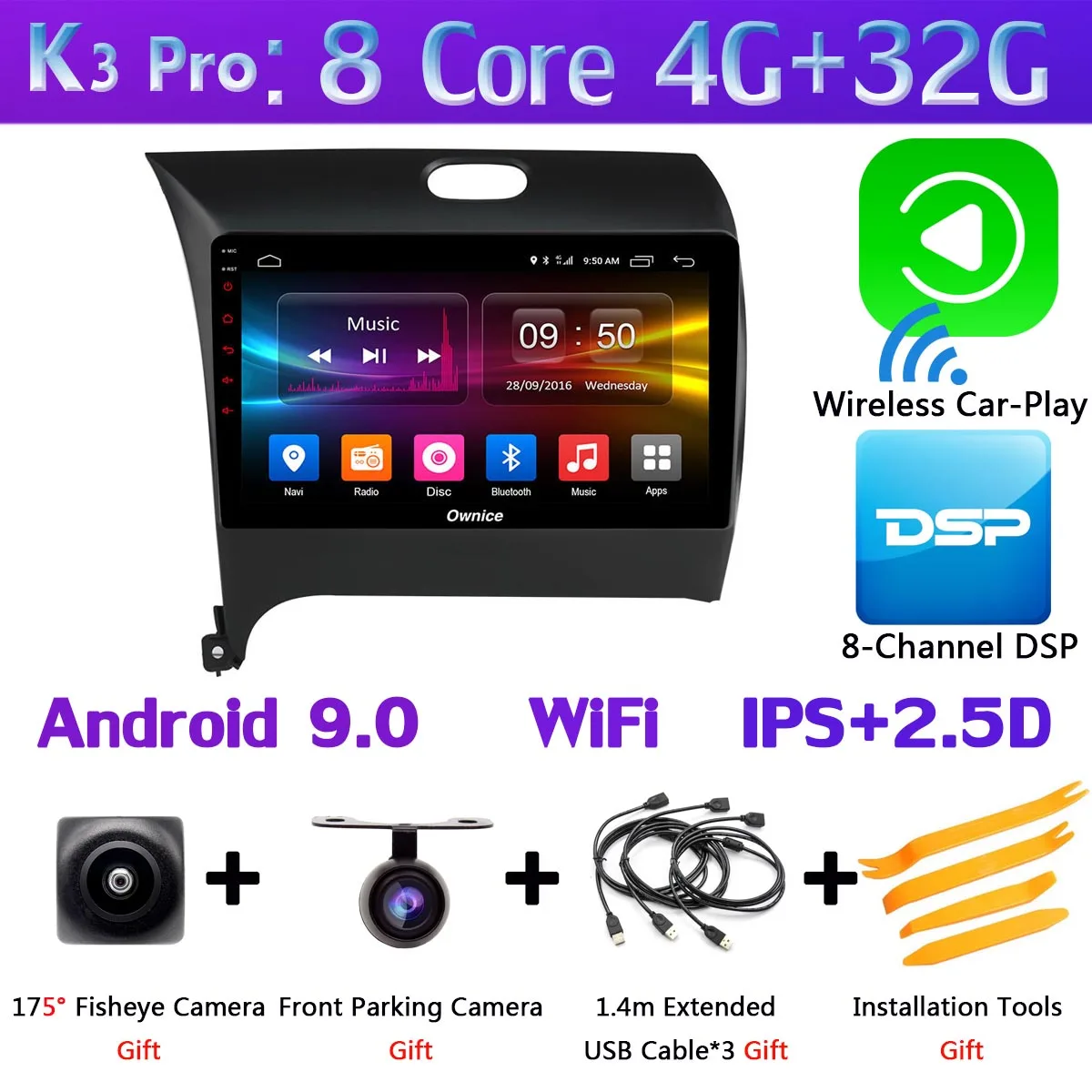 K3 Pro CarPlay 360 ° панорамная камера Android 9,0 4G+ 64G Автомобильный плеер CarPlay DSP gps радио для Kia K3 Cerato 3 Forte 2013 - Цвет: K3 Pro CarPlay