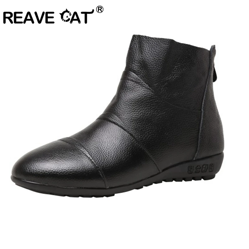 

REAVE CAT Safe Walking Elderly Winter Plush Boots For Women Sport Shoes Female Mom Genuine Leather Ankle Shoes Ladies Fashion