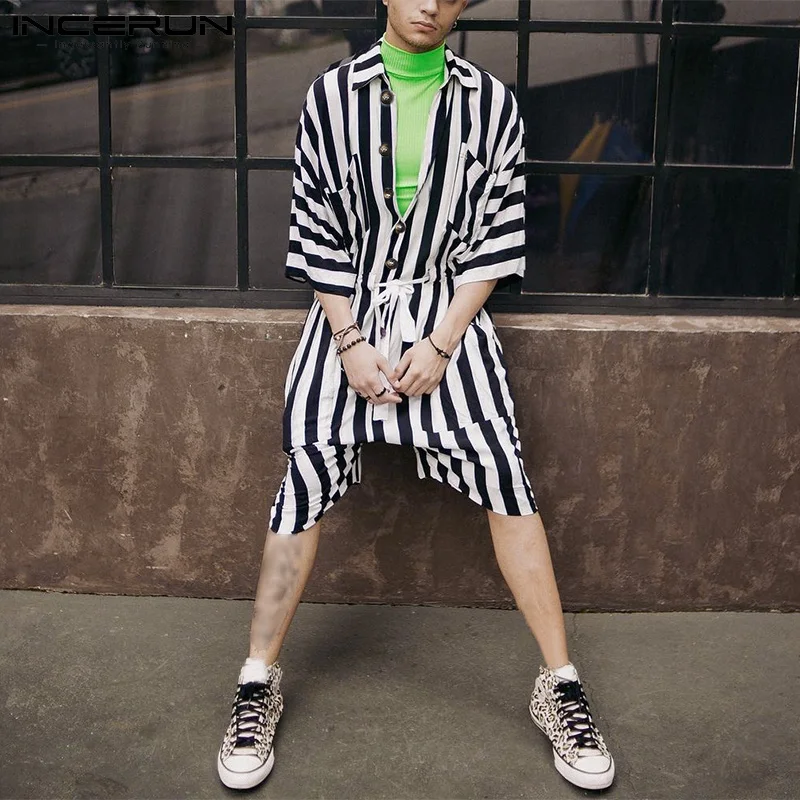 

INCERUN Fashion Party Nightclub New Men Striped Onesies Short Sleeve Leisure All-match Casual Contrast Color Jumpsuit S-5XL 2022