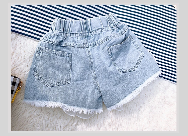 

Children girl pearl denim shorts summer new mesh patchwork Elastic waist shorts kids shorts girls shorts 3-10Y girls jeans