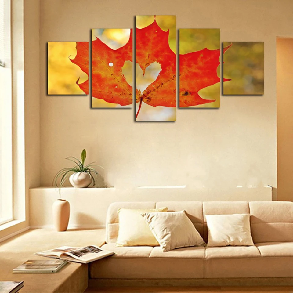 

Modular Pictures Home Decor Print Painting HD 5 Panel Lovely Heart Maple Framework Wall Art Poster Modern Living Room Canvas