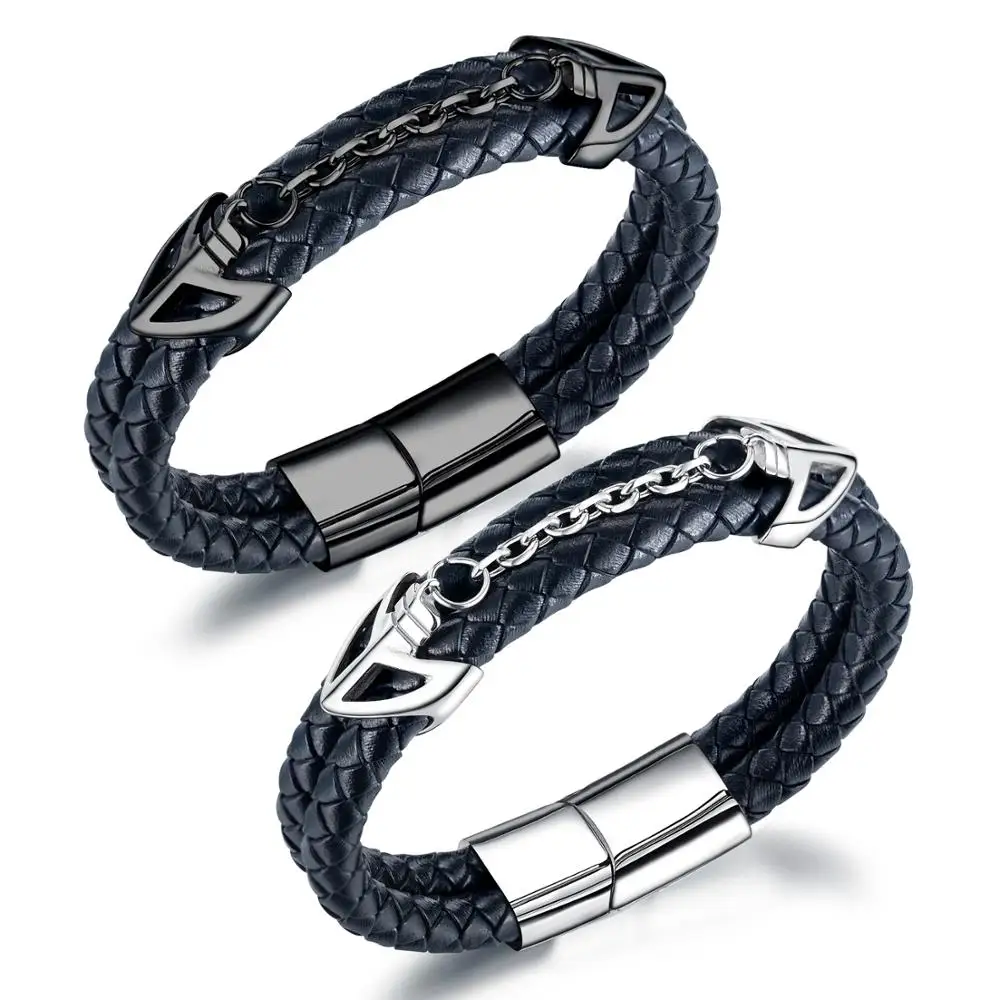 

Anchor Men Leather Bracelet Black Men Charms Stainless Steel Magnetic Clasps Double-layer Braided Bracelets Male Jewelry