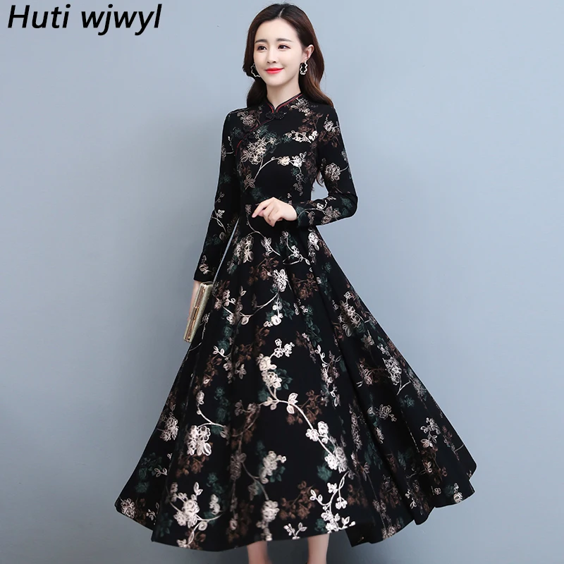 

High Quality Vintage Casual Maxi Dress Autumn Winter Elegant Bodycon Party Dress 2023 Chinese Style Cheongsam Women Black Dress