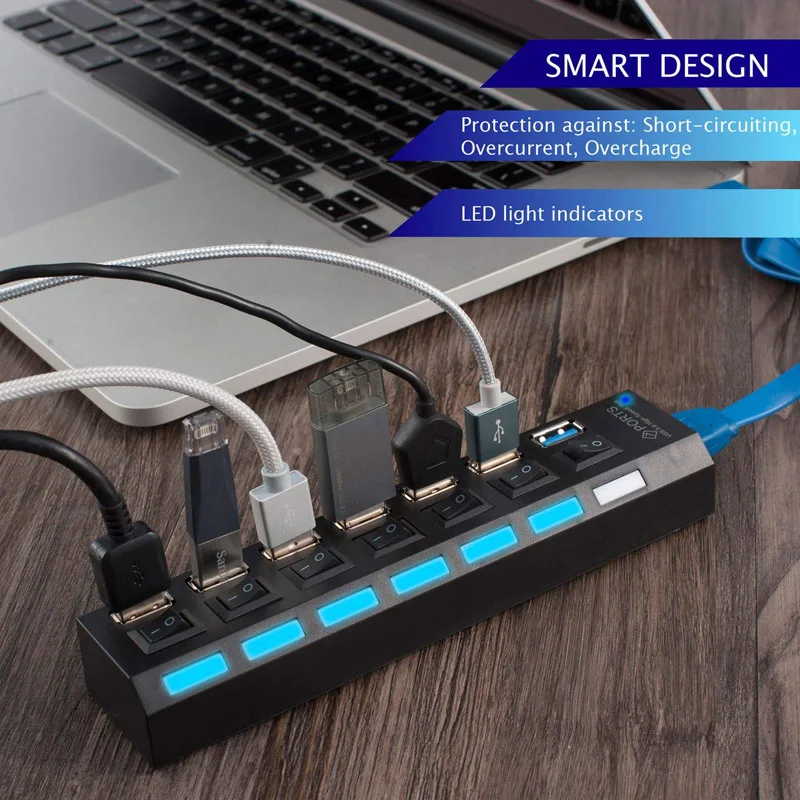 Разветвитель USB 3 0 4 порта USB-разветвитель адаптер питания с индивидуальными