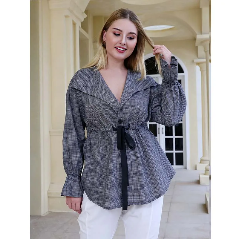 Женская блузка WHZHM в шотландскую клетку повседневный Топ серого цвета с длинным