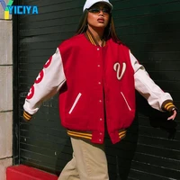 oversized jackets autumn winter varsity jackets baseball women red fashion long sleeve 2021 loose letter print bomber coat y2k