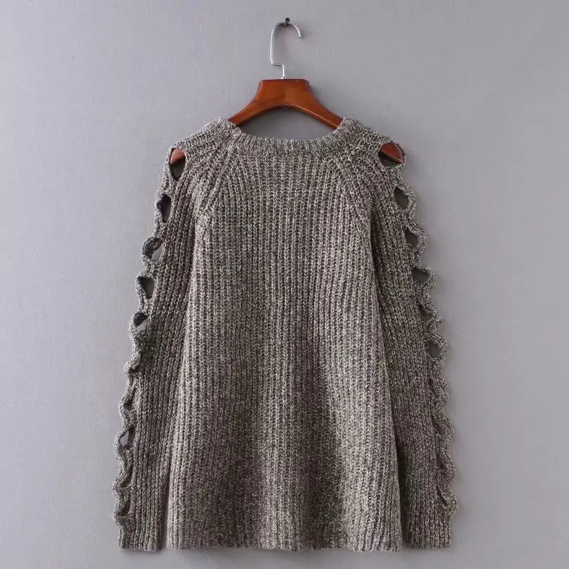

Autumn and winter new European and American style round neck hollow long-sleeved sweater loose thick wild sweater women tide