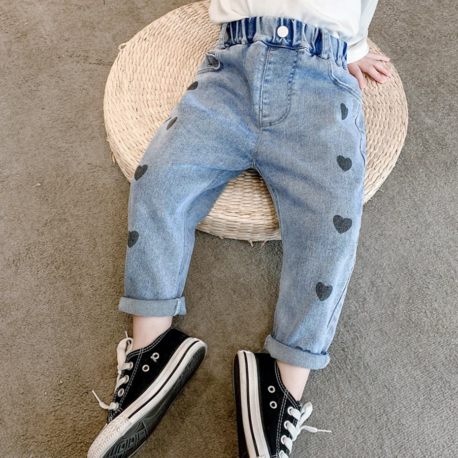 

Джинсы детские с сердечком, повседневная одежда для маленьких девочек, весна-осень