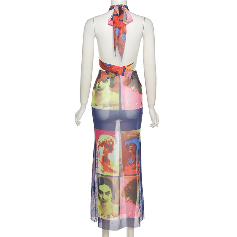 

BOOFEENAA Sexy Halter Open Back Maxi Bodycon Dress Kylie Inspired Portrait Print Sheer Mesh Fake Two Piece Dress Sets C71-BH16